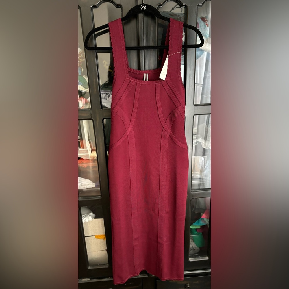 By Anthropologie Slim Square-Neck Sleeveless Midi Jumper Dress in Wine Size S - Picture 6 of 10